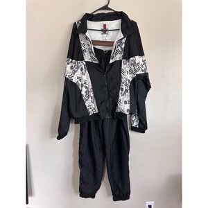 VTG 90s Active Exposure Tracksuit Men LARGE Black White Patterned Nylon Full Zip